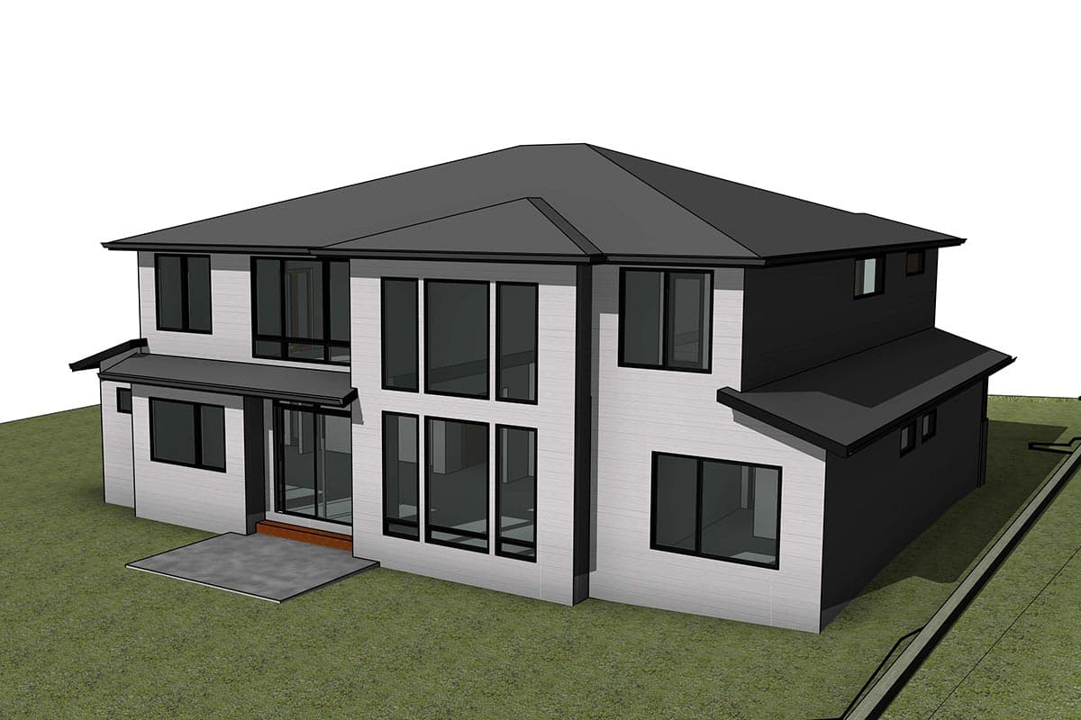 Modern two-story house plan exterior with large windows, a covered patio, and a hip roof.