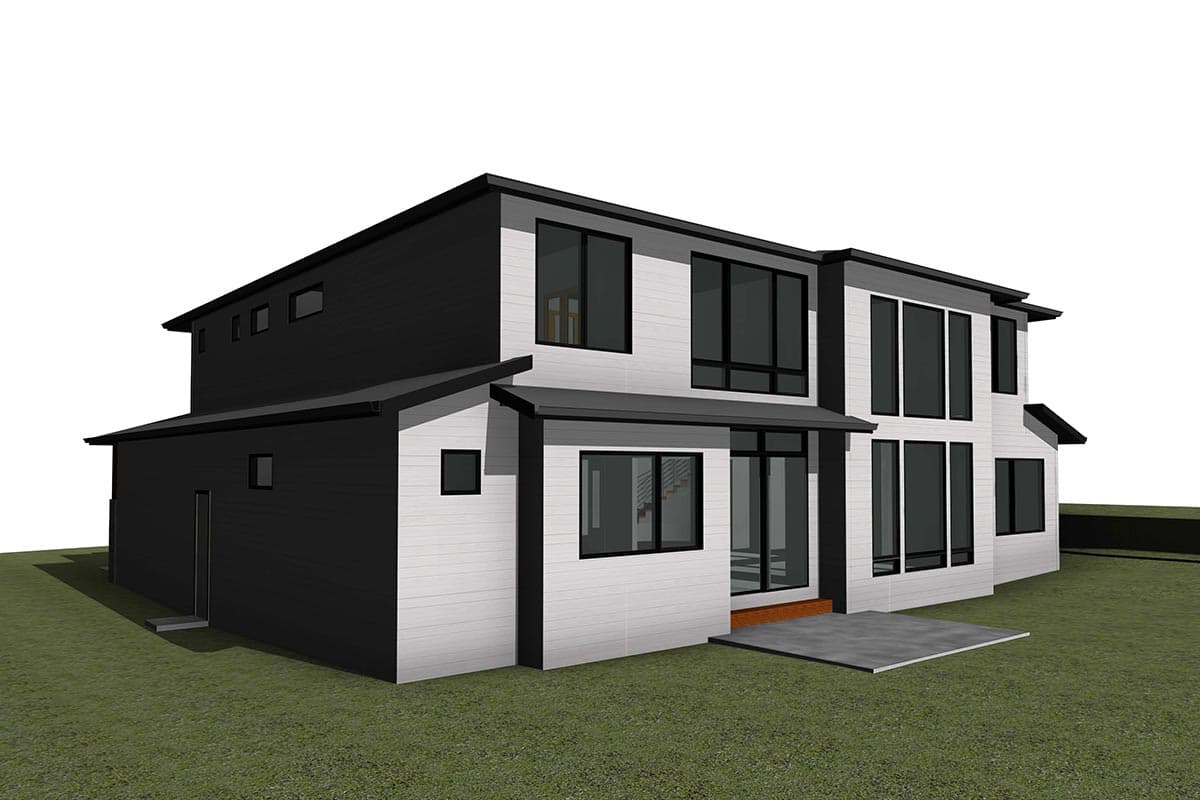 House plan exterior: Modern two-story design with asymmetrical rooflines, horizontal siding, and large black-framed windows.