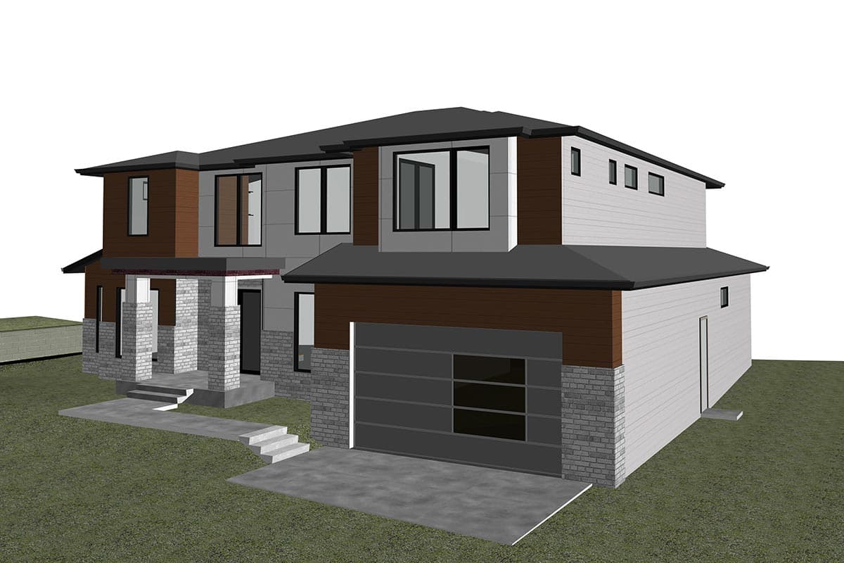 House plan exterior: two-story modern home with stone-clad columns, wood siding, and a multi-pane garage door.