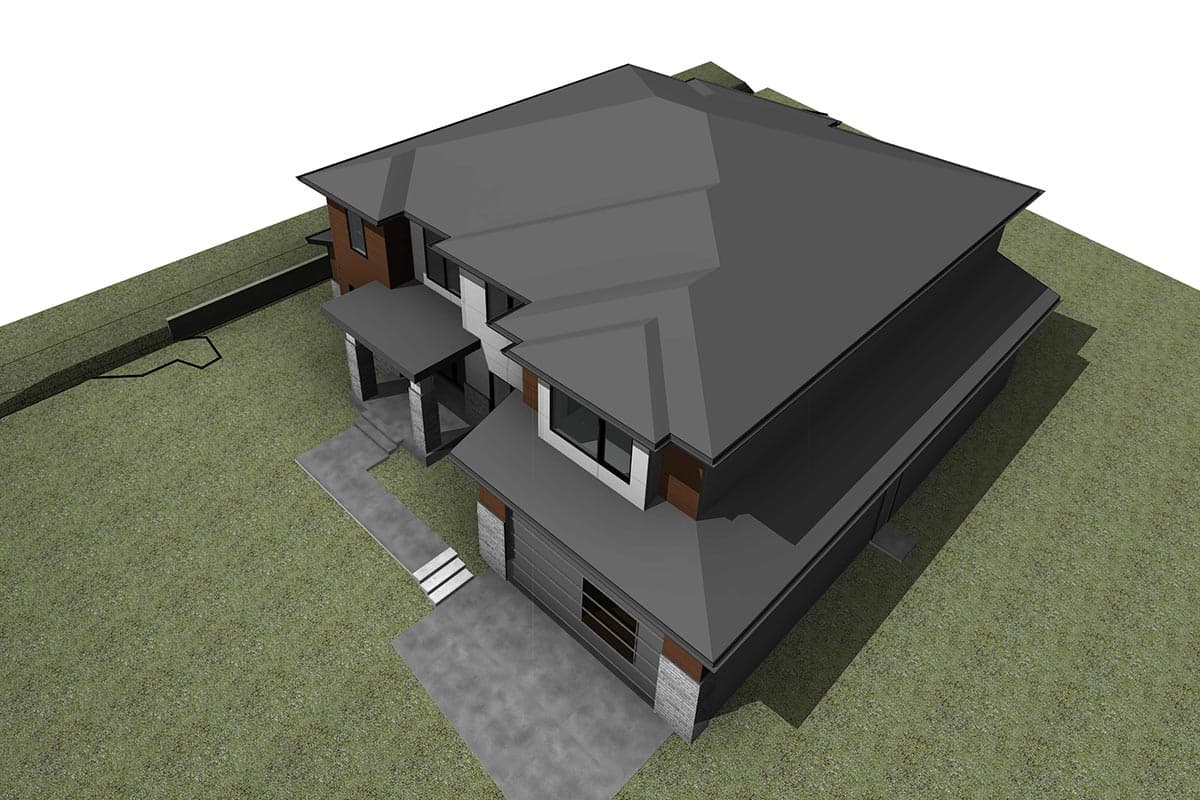 Modern two-story house plan exterior with a covered entry, multi-level rooflines, integrated garage, and mixed materials.