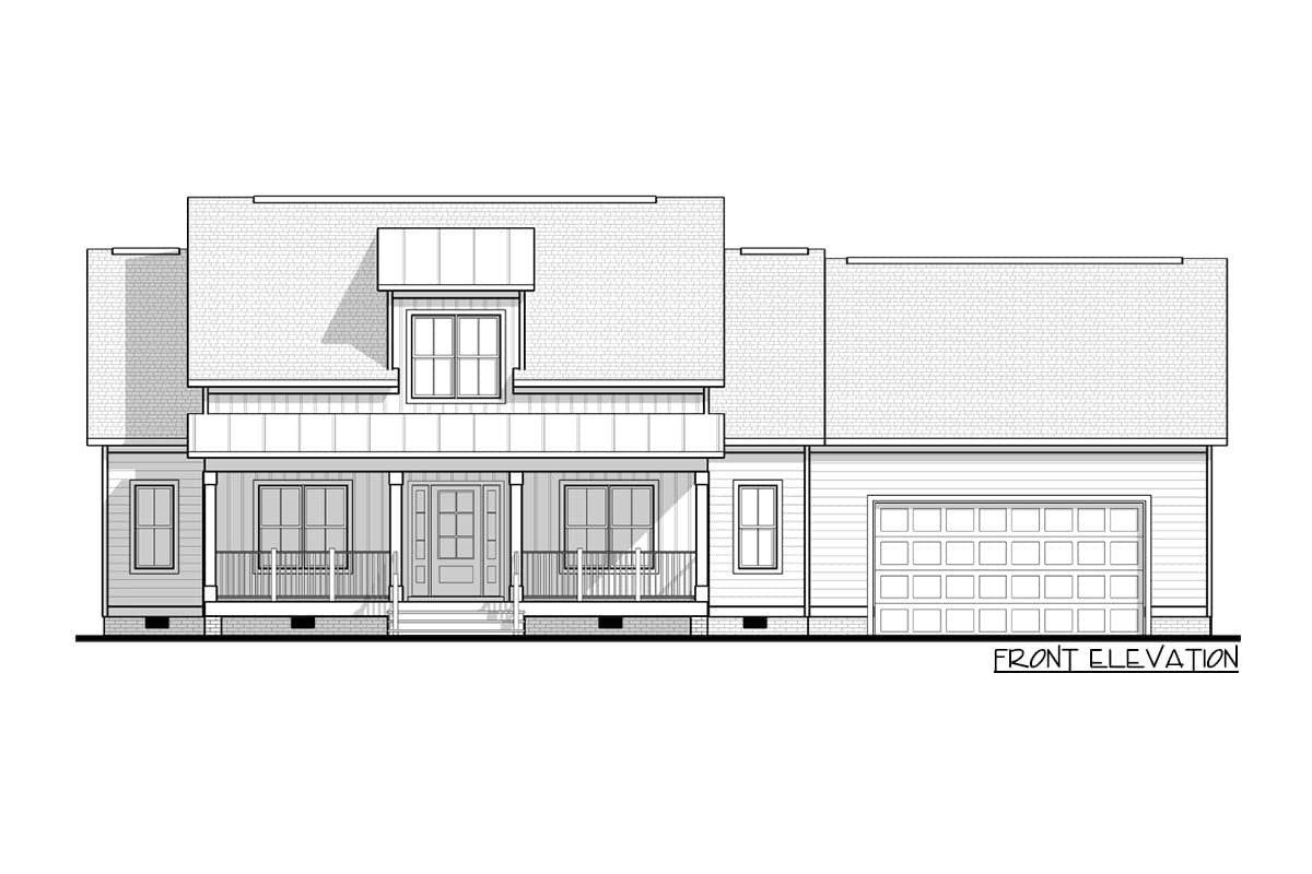 Front elevation drawing of a house plan with a covered porch, dormer, and attached two-car garage.