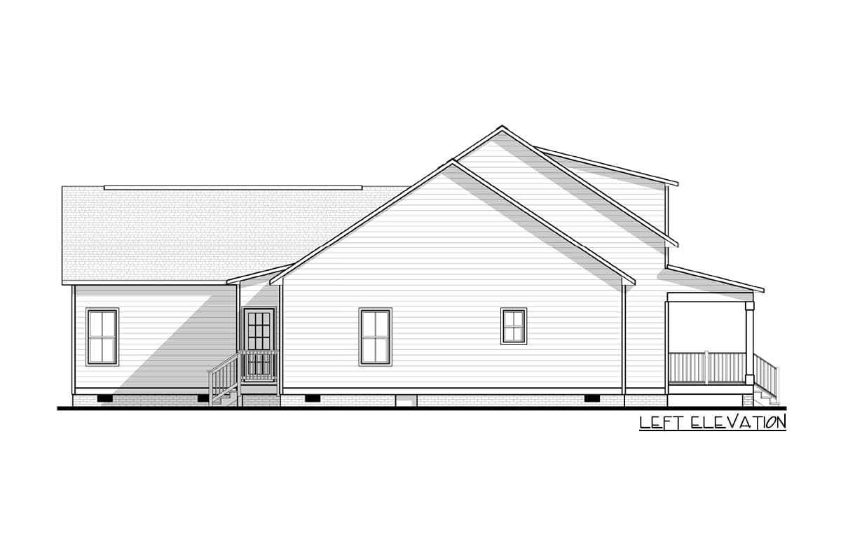 Left elevation house plan showing a single-story home with a gabled roof, entry porch, and multiple windows.