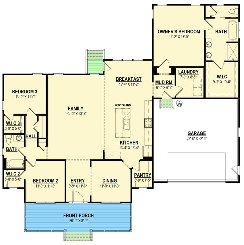 Plan 83625CRW: 2100 Sq Ft Modern Farmhouse Plan with Front-Facing Garage - Floor Plan - Main Level - Cottage, Country, Farmhouse, Modern Farmhouse, New American, Traditional