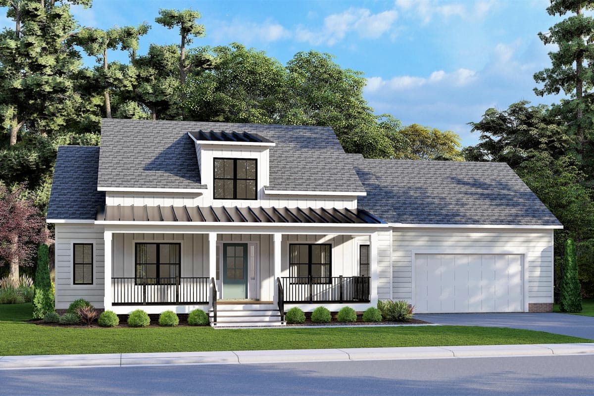 House plan exterior featuring a Modern Farmhouse style with a front porch, dormer, and attached garage. Two story. Gable roofline.