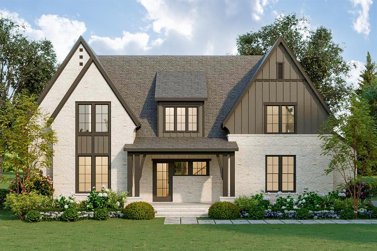 House plan exterior with Craftsman style. Features include a front porch, multiple gables, and a mix of brick and siding. Two story.