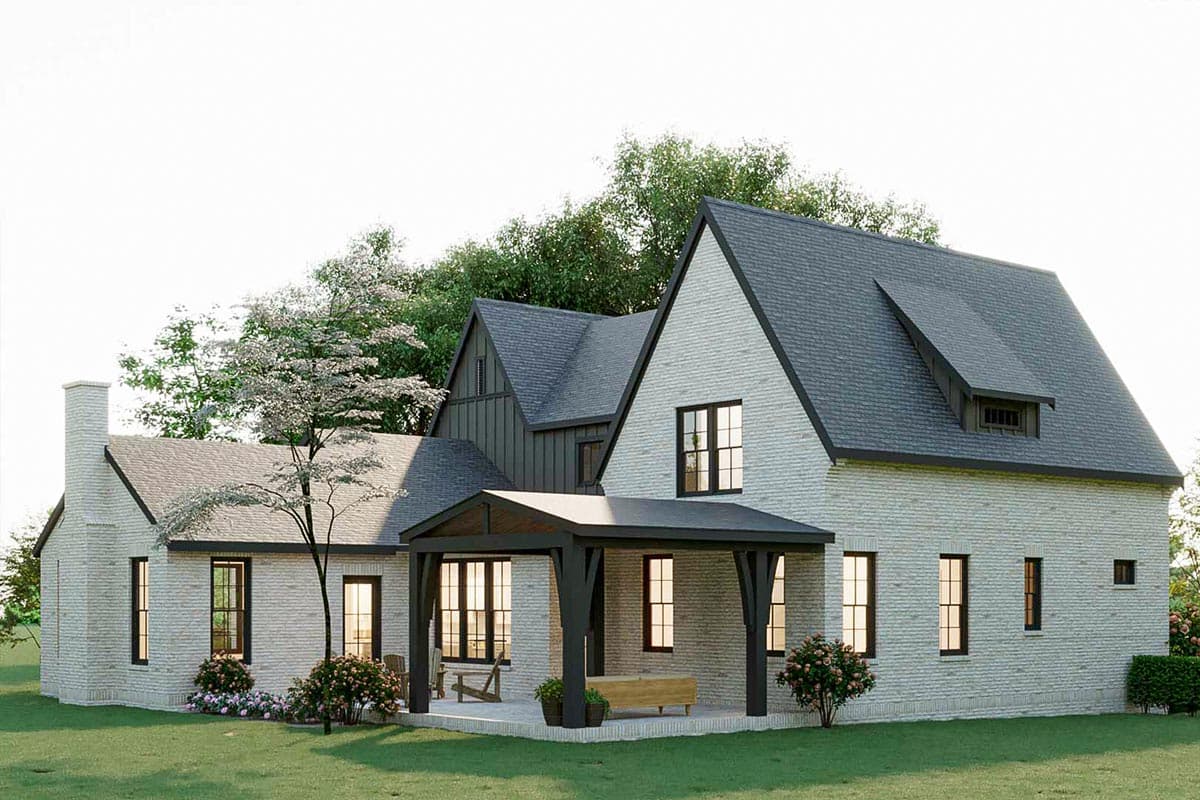 House plan exterior: Modern Farmhouse style, two stories, white brick, gables, dormers, covered porch with dark beams.