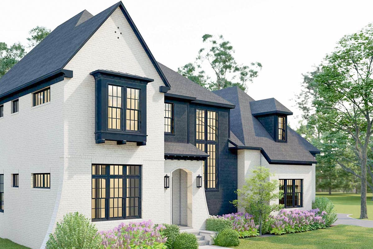 House plan exterior: Two-story home with white brick, dark trim, gambrel rooflines, bay window, and dormer.