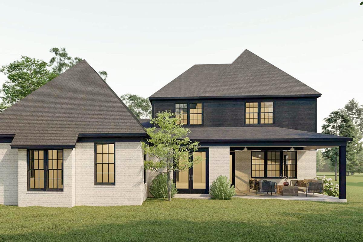 House plan exterior with white brick, dark siding, gabled roofs, and covered patio.