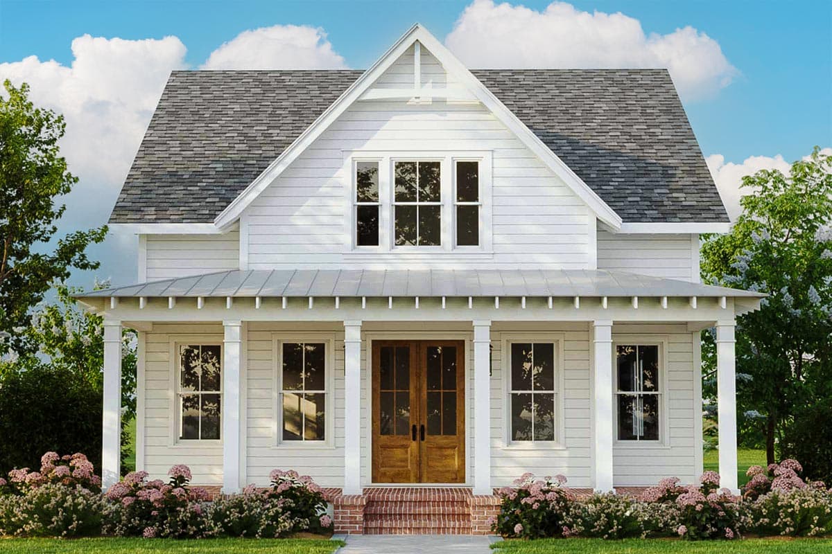 House plan exterior: Modern Farmhouse style, two stories, with a covered front porch, gabled dormer, and double entry doors.