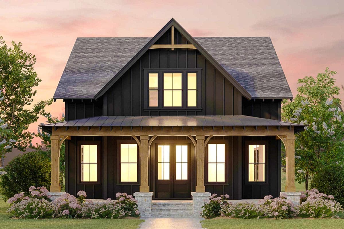 Modern Farmhouse house plan exterior, two stories, with board and batten siding, a prominent gable, and a covered front porch with timber supports.