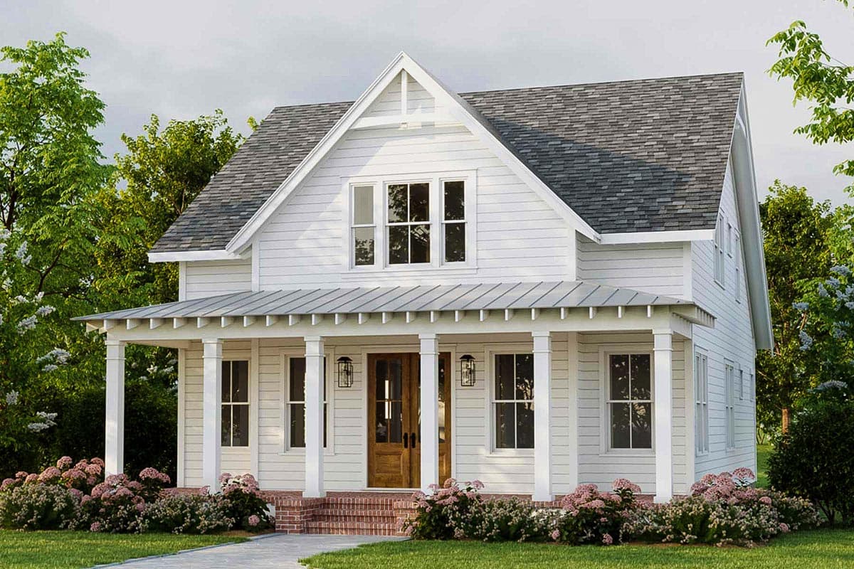 House plan exterior: two-story Modern Farmhouse with wraparound porch, gable accents, and metal roof.