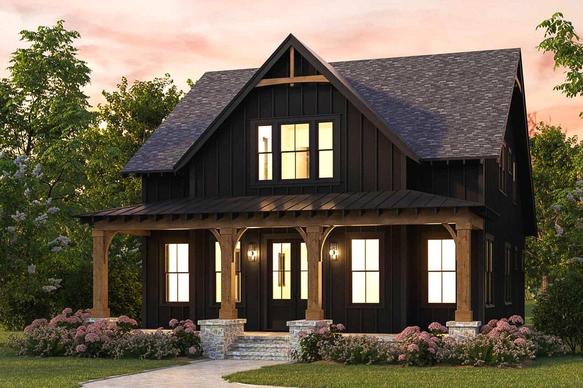 House plan exterior. Two-story Modern Farmhouse with a gabled roof, covered porch, and exposed wood porch supports. Features vertical siding.