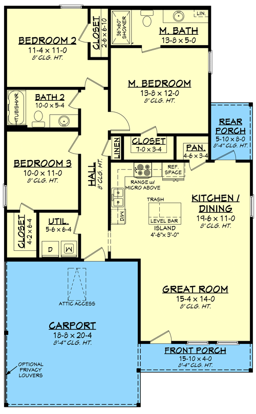 Plan 51918HZ: Simple 3-Bedroom Country House Plan with Carport - Floor Plan - Main Level - Cottage, Country, Southern, Traditional