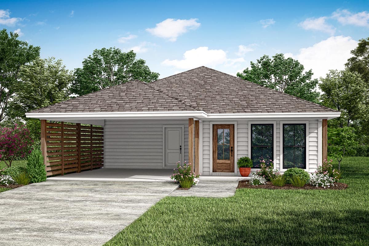 House plan exterior. Single-story with a gable roof, covered porch, and a garage with a wooden privacy screen on the left side.