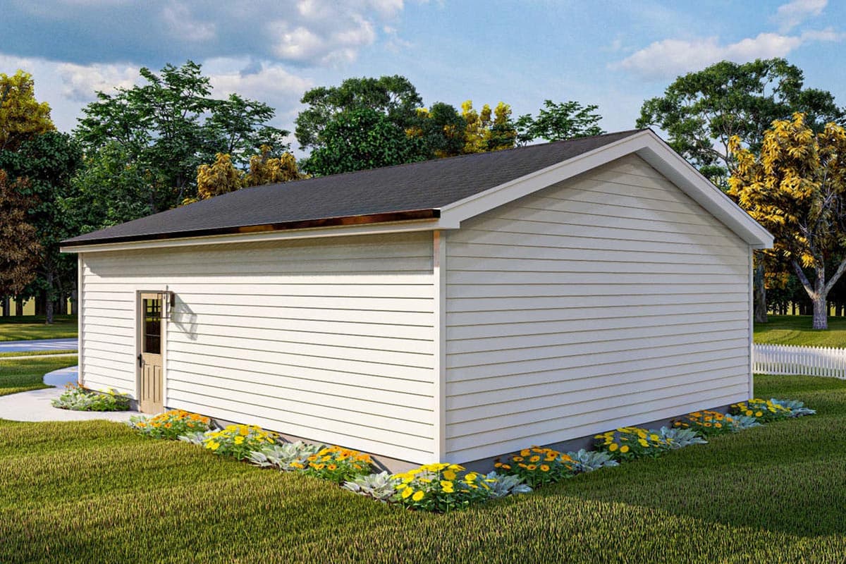 House plan exterior: One-story building with horizontal siding, gable roof, and single door.