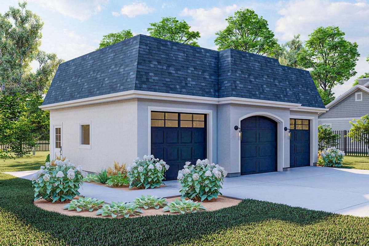 House plan exterior. Two-story structure with a gambrel roof. Features include three garage doors, and a small side door.
