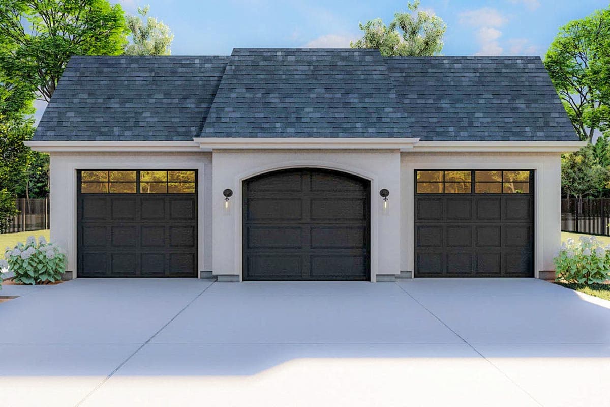 House plan exterior features a three-car garage with a central arched bay and two symmetrical side bays, topped by a dark asphalt shingle roof.