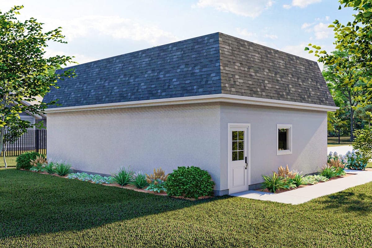 House plan exterior with gambrel roof, stucco siding, one door with multi-pane window, and one small window.