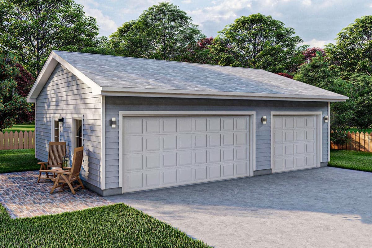 House plan exterior featuring a two-car garage with a gable roof, two overhead doors, and a small sitting area beside a side entrance.