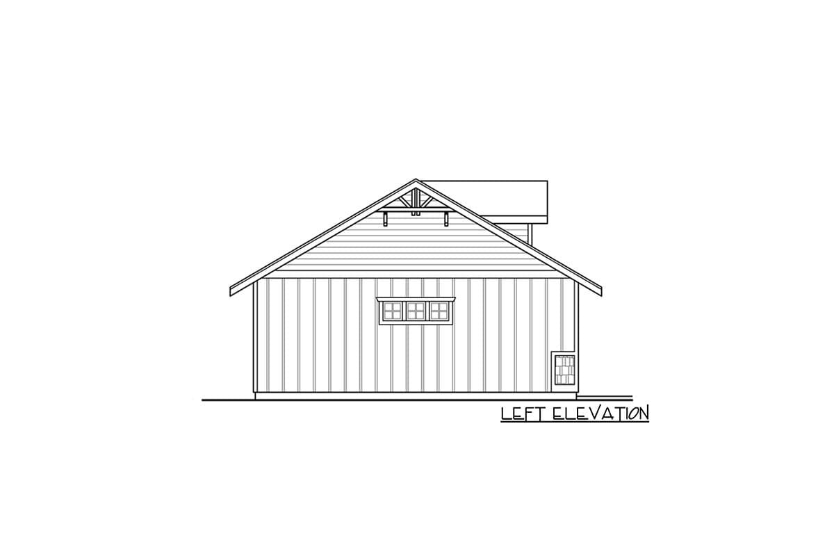 Left elevation drawing of a house plan showing a gable roof, clapboard siding, and three windows.