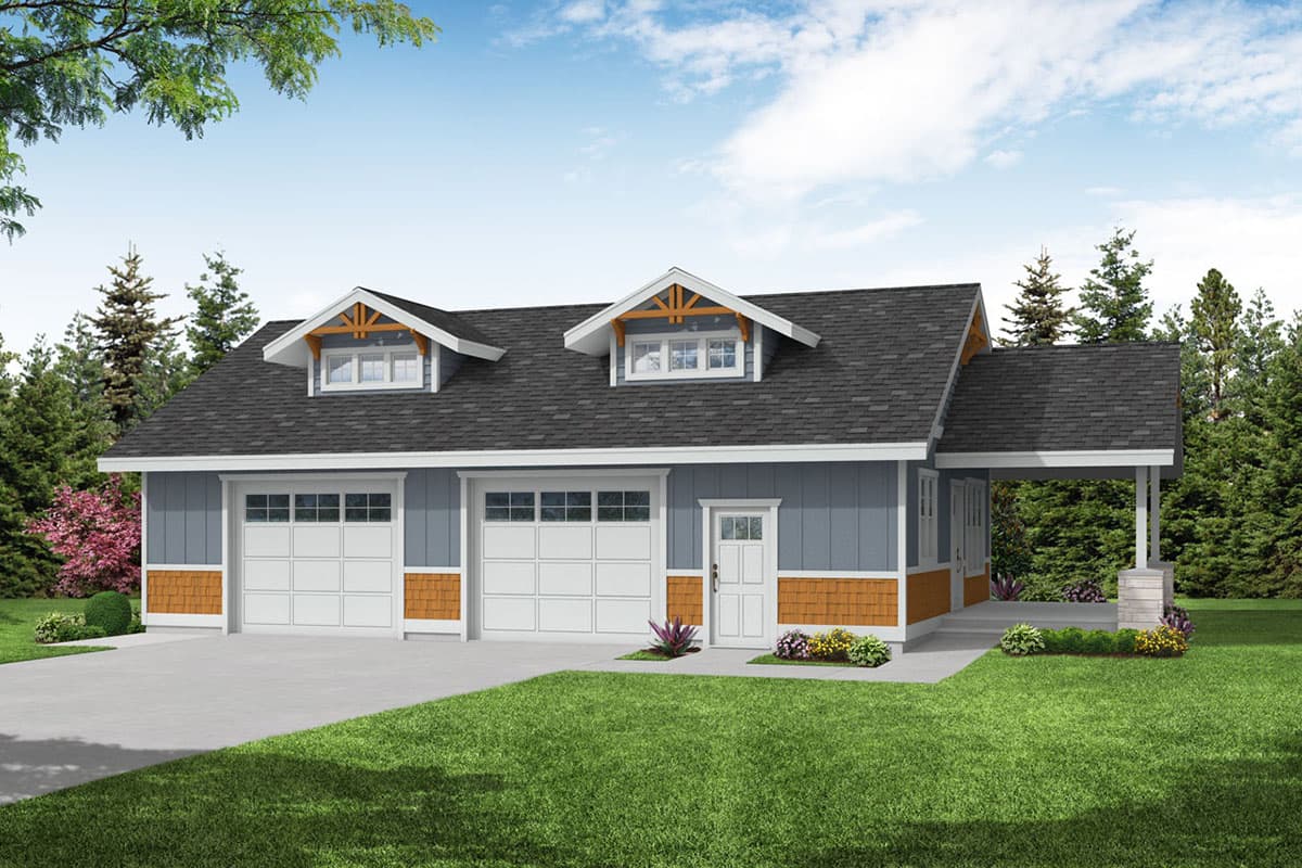 Craftsman-style house plan exterior with a two-car garage, two dormers, and a covered porch. Gable roof.