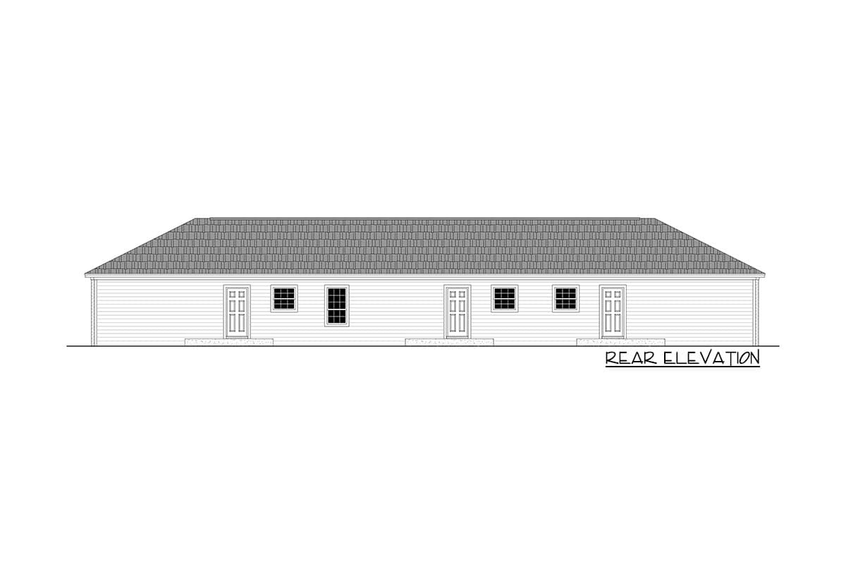 Rear elevation drawing of a single-story house plan featuring a hipped roof, horizontal siding, and multiple doors and windows.