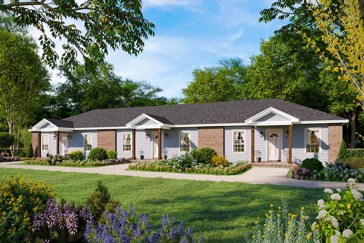 House plan exterior. Ranch style with brick accents, covered porch, and gabled roof. Single-story with multiple entryways.