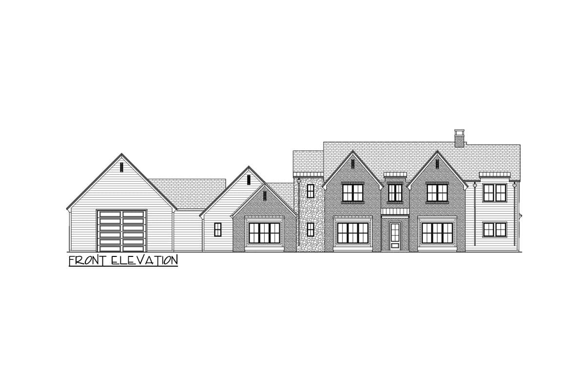 Front elevation house plan with attached garage, multiple gables, and mixed siding and brick facade.