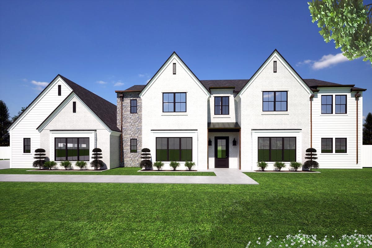 House plan exterior with two stories and gabled roof. Features include a covered entry, black-framed windows, and stone accent wall.