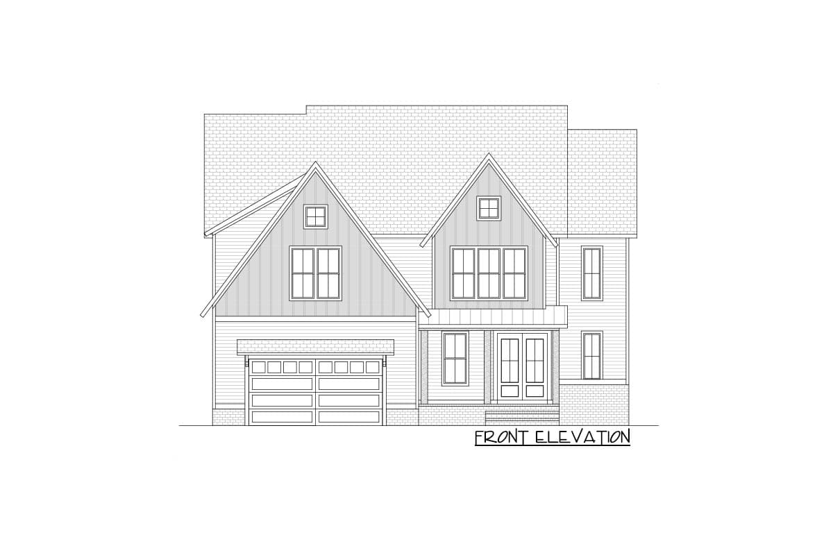 Front elevation drawing of a two-story house plan with a gabled dormer, siding, a covered entry, and an attached garage.
