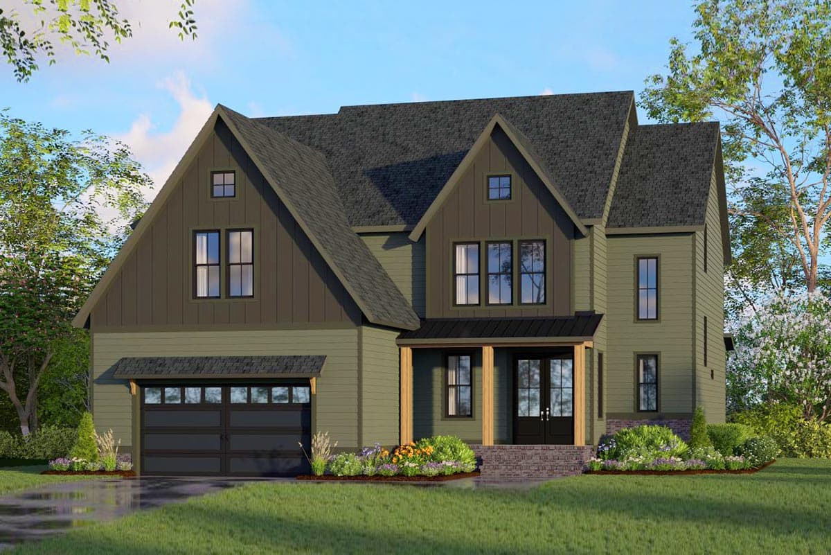 House plan exterior. Two-story home with Craftsman-style elements. Features include gabled rooflines, dormers, and a covered porch. Attached garage.