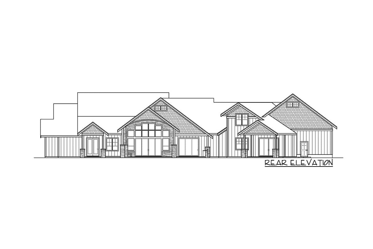 Rear elevation house plan with multiple gables, large windows, and covered entryways.