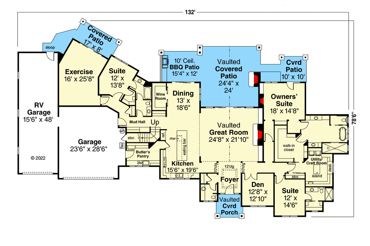 Plan 72348DA: Luxury Craftsman Home Plan with RV Garage, Wine Room and Bunk Room - Floor Plan - Main Level - Country, Craftsman, Mountain, Ranch, Rustic