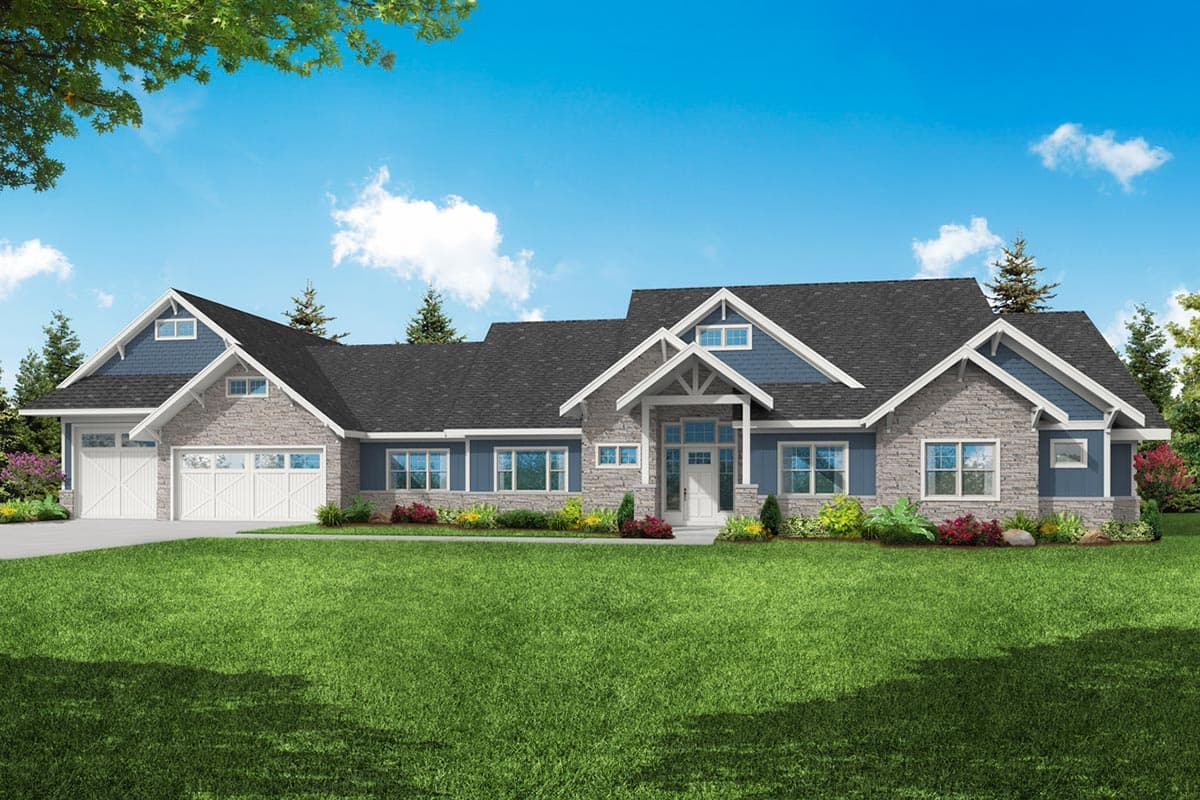 House plan exterior featuring Craftsman-style elements, multi-gabled roof, stone and siding facade, and a two-car garage.