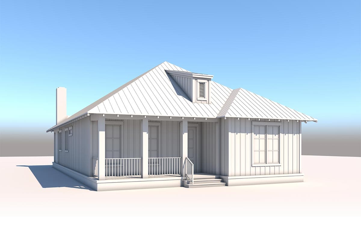 House plan exterior of a one-story home with a metal roof, front porch with railings, dormer, and chimney.