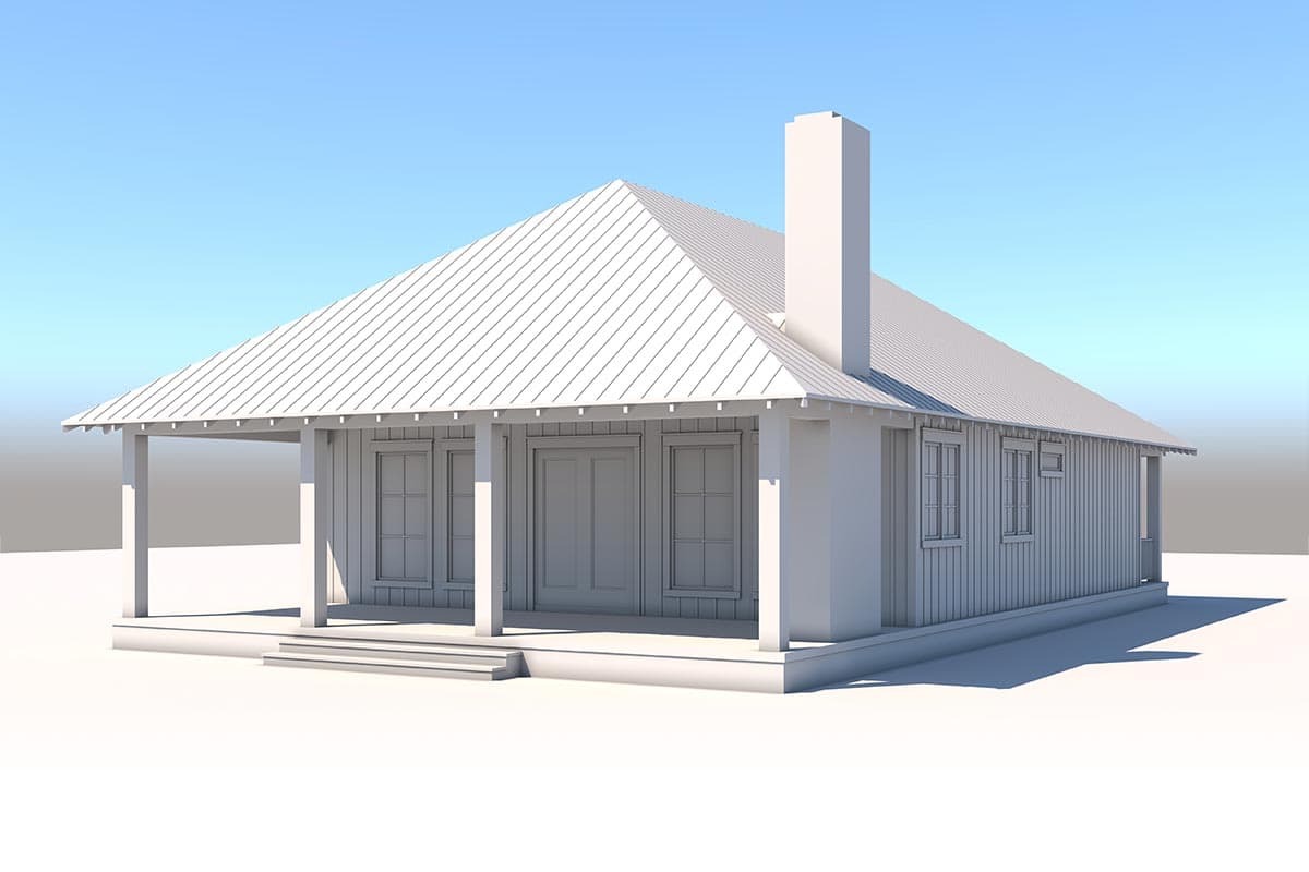 House plan exterior: one-story ranch with wrap-around porch, metal roof, and prominent chimney.