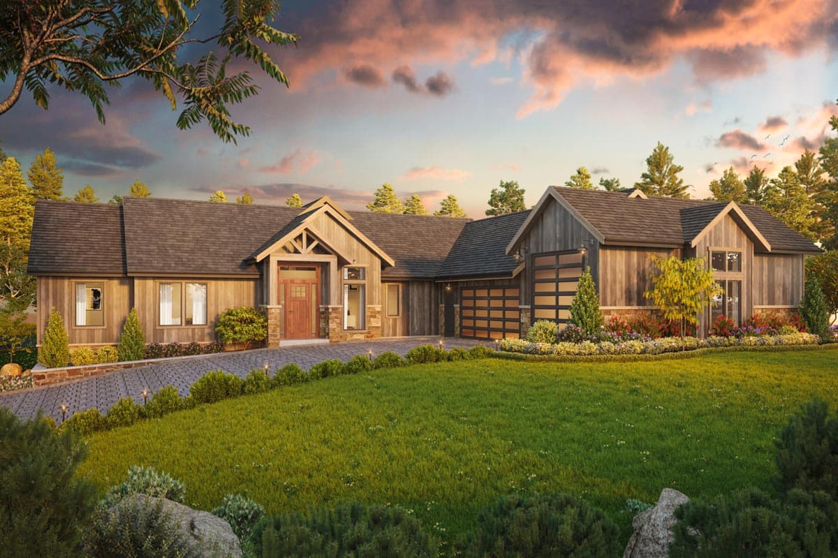 House plan exterior featuring a Ranch style home with a gabled entry, a two-car garage, and a wood-clad exterior with a stone base.
