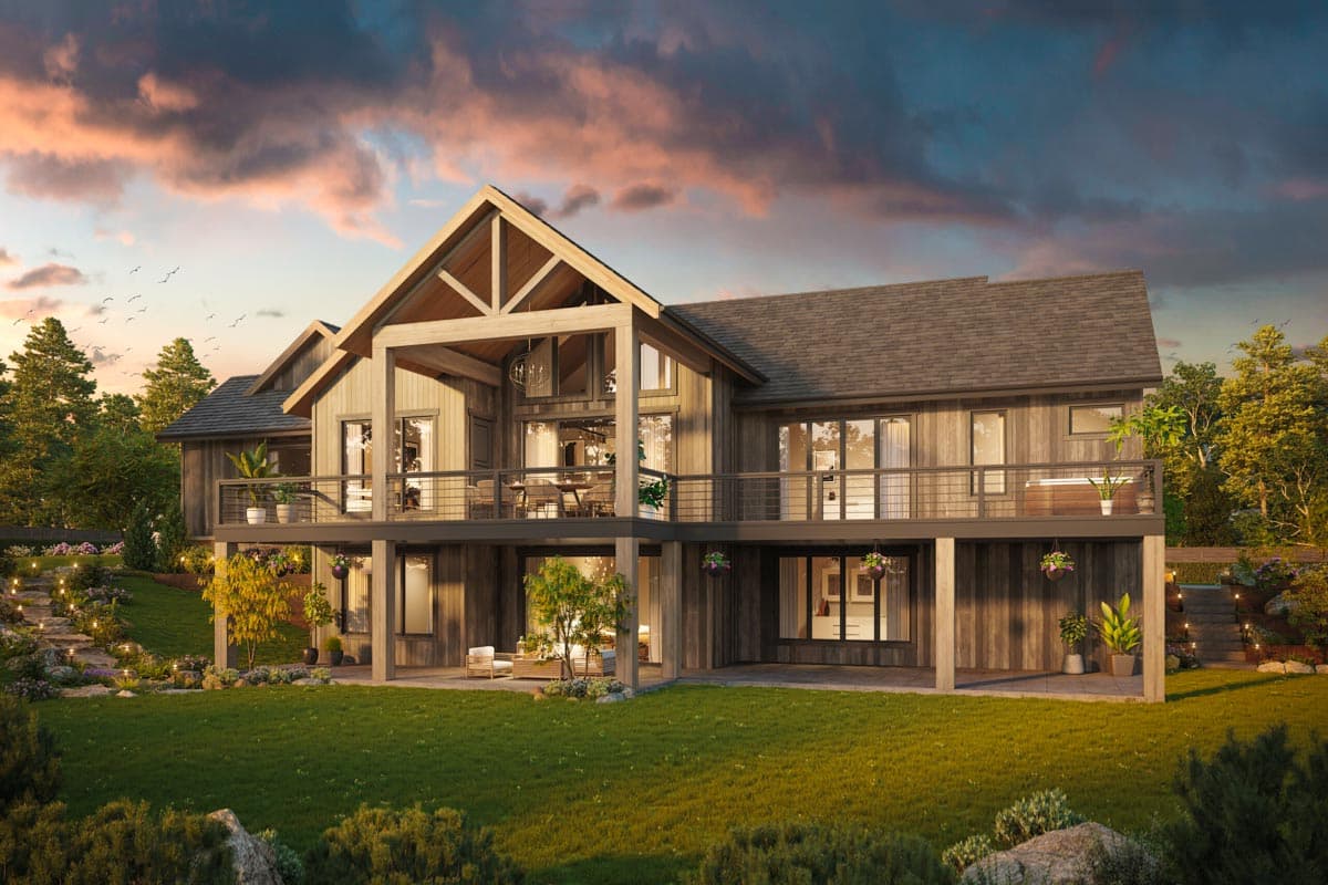 Modern house plan exterior with wood siding, two stories, large covered deck, and prominent gable with exposed beams.