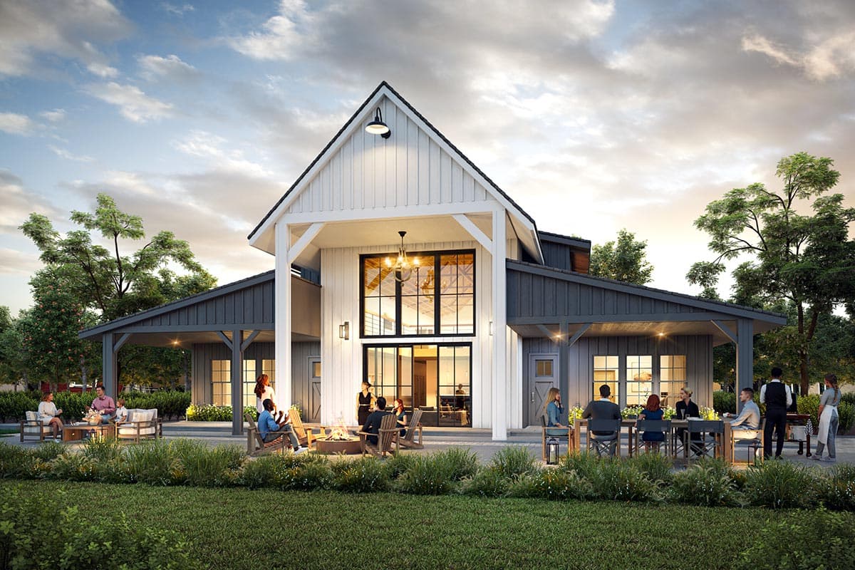 House plan exterior. Modern farmhouse style with a two-story gable, covered porch, and exposed rafter tails. Features a large, multi-pane window.