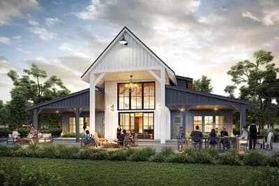 Luxury Barndominium-Style House Plan with Upstairs Loft and Bedroom Suite