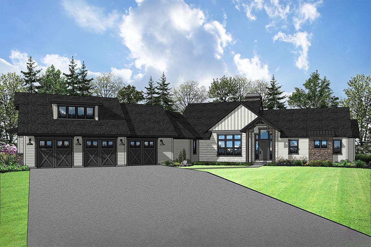 House plan exterior. Modern Farmhouse style with a two-car garage, dormers, and a gabled roof. Vertical siding and stone accents are also visible.