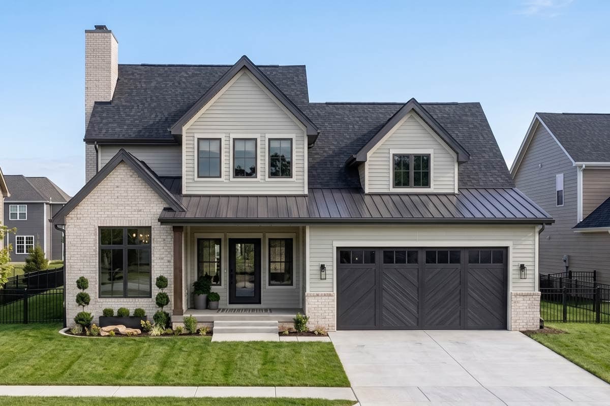 House plan exterior: Two-story Modern Farmhouse with brick and siding, gable roof, metal roof accents, and a two-car garage.