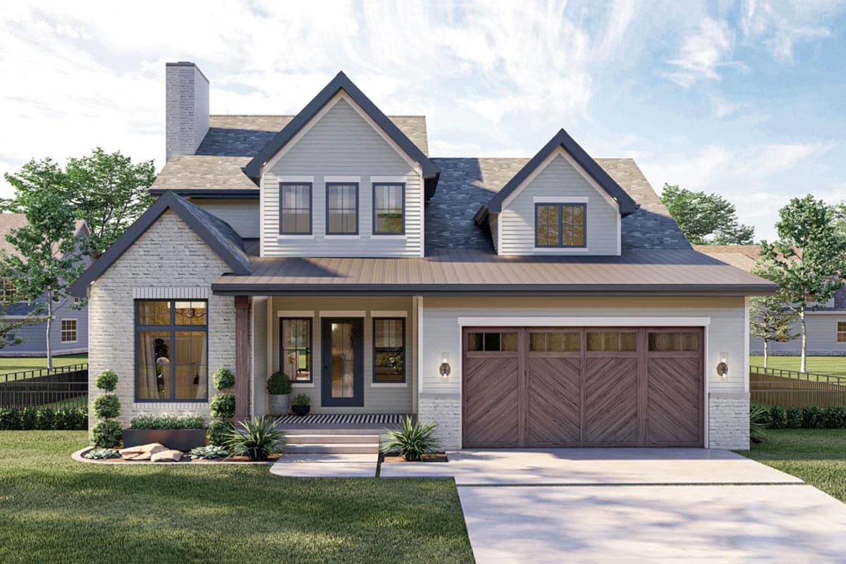 House plan exterior featuring a two-story farmhouse style with a gabled roof, dormers, a porch, and an attached garage.