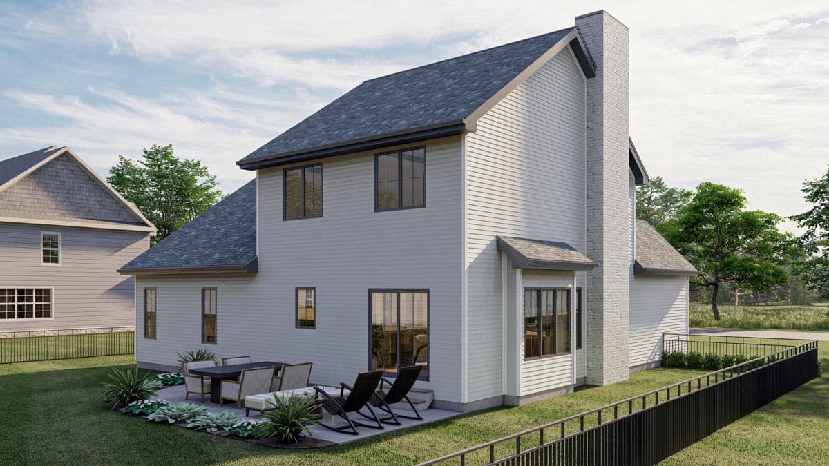 House plan exterior rendering of a two-story home with a prominent brick chimney, multiple gables, and a rear patio.