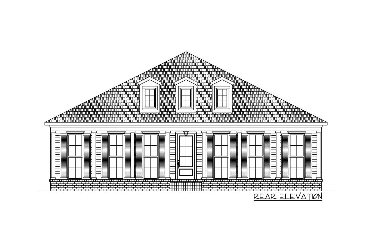 Rear elevation house plan with mansard roof, three dormer windows, and a covered central entrance with flanking double-hung windows.