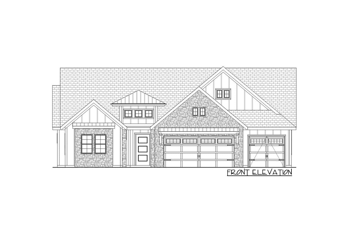 Front elevation drawing of a one-story house with stone accents, a prominent gable, and a three-car garage.