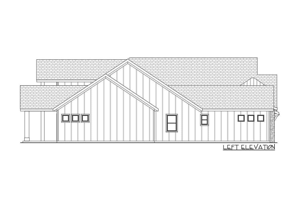 Left elevation house plan showing a single-story building with vertical siding, gabled rooflines, and multiple window configurations.