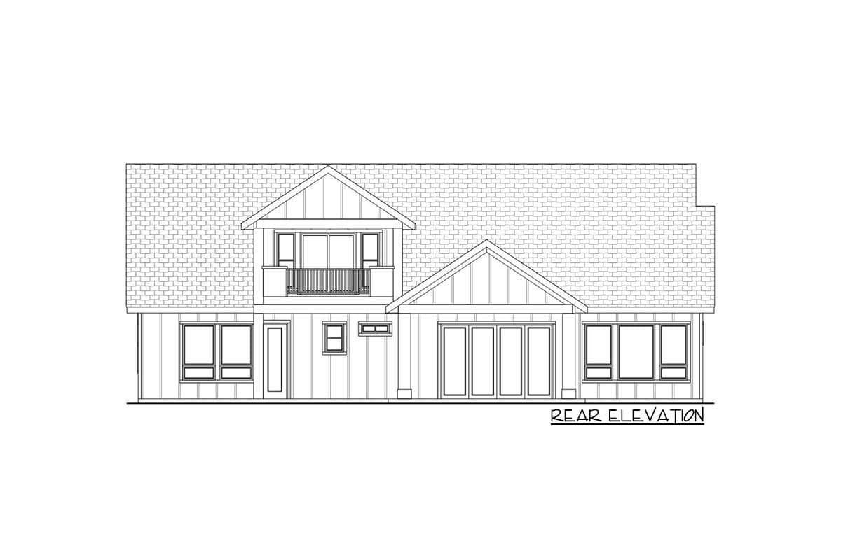Rear elevation of a house plan featuring board and batten siding, a gable with dormer window, and large sliding glass doors.