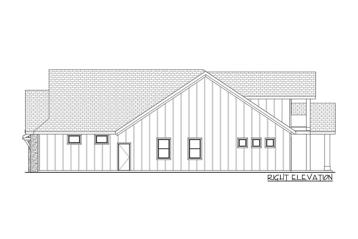 Right elevation house plan showing vertical siding, multi-level rooflines, and various window arrangements.