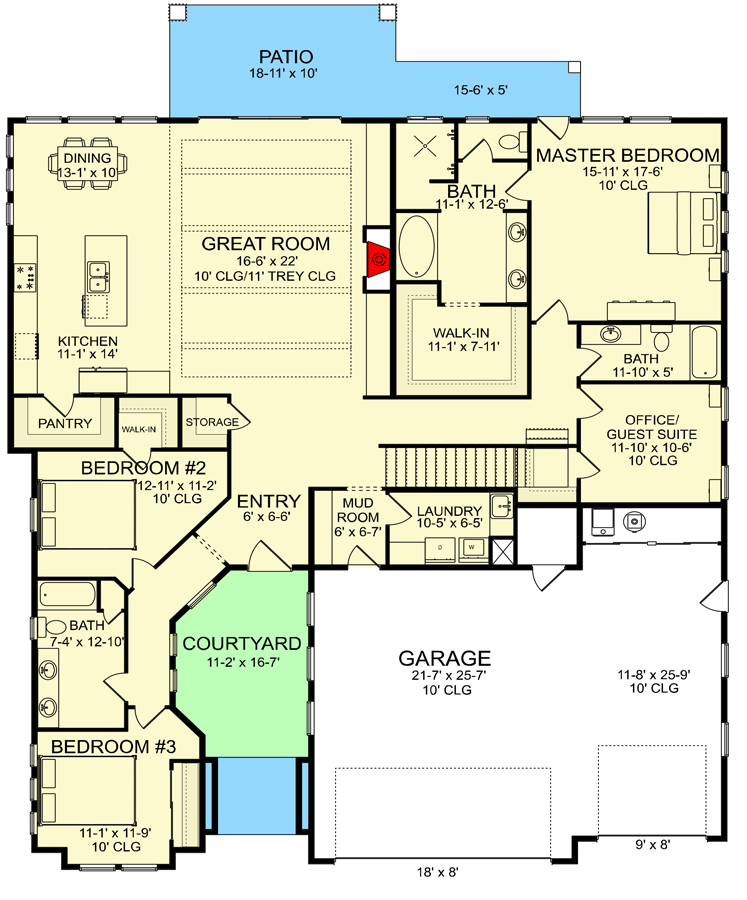 Plan 580001DFT: 3123 Square Foot Contemporary Craftsman with Entry Courtyard - Floor Plan - Main Level - Craftsman, Farmhouse, New American, Prairie, Ranch